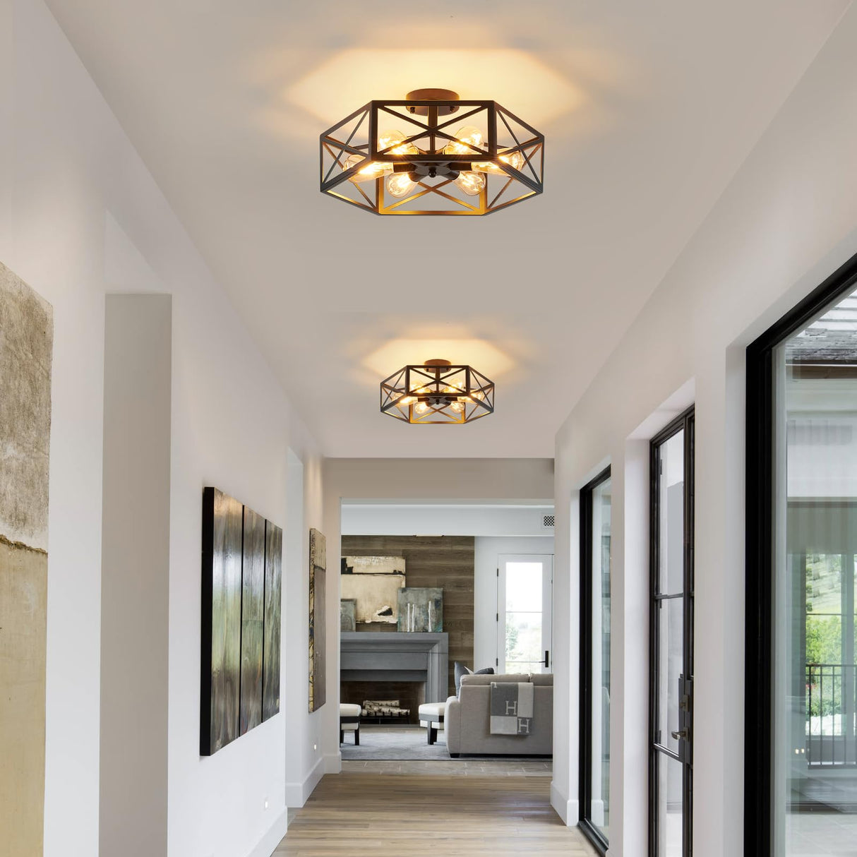 XSDeTu Industrial Semi Flush Mount Ceiling Light, 6 Light Modern Metal Close to Ceiling Light Fixture, Farmhouse Light Fixtures Ceiling Mount, Black Chandelier for Kitchen, Dining Room, Hallway XSDeTu