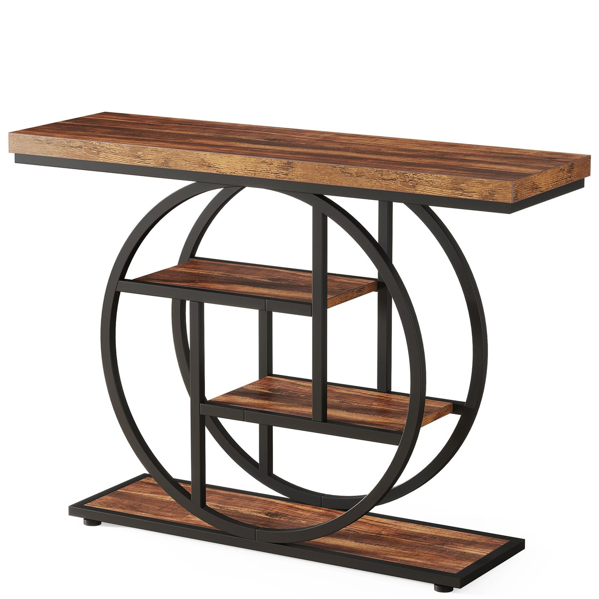 Tribesigns 41.3" Console Table, Industrial 4-Tier Sofa Table Entryway Table with Circle Base, Narrow Wood Accent Tables with Storage Shelves for Living Room, Hallway, Foyer, Rustic Brown Tribesigns