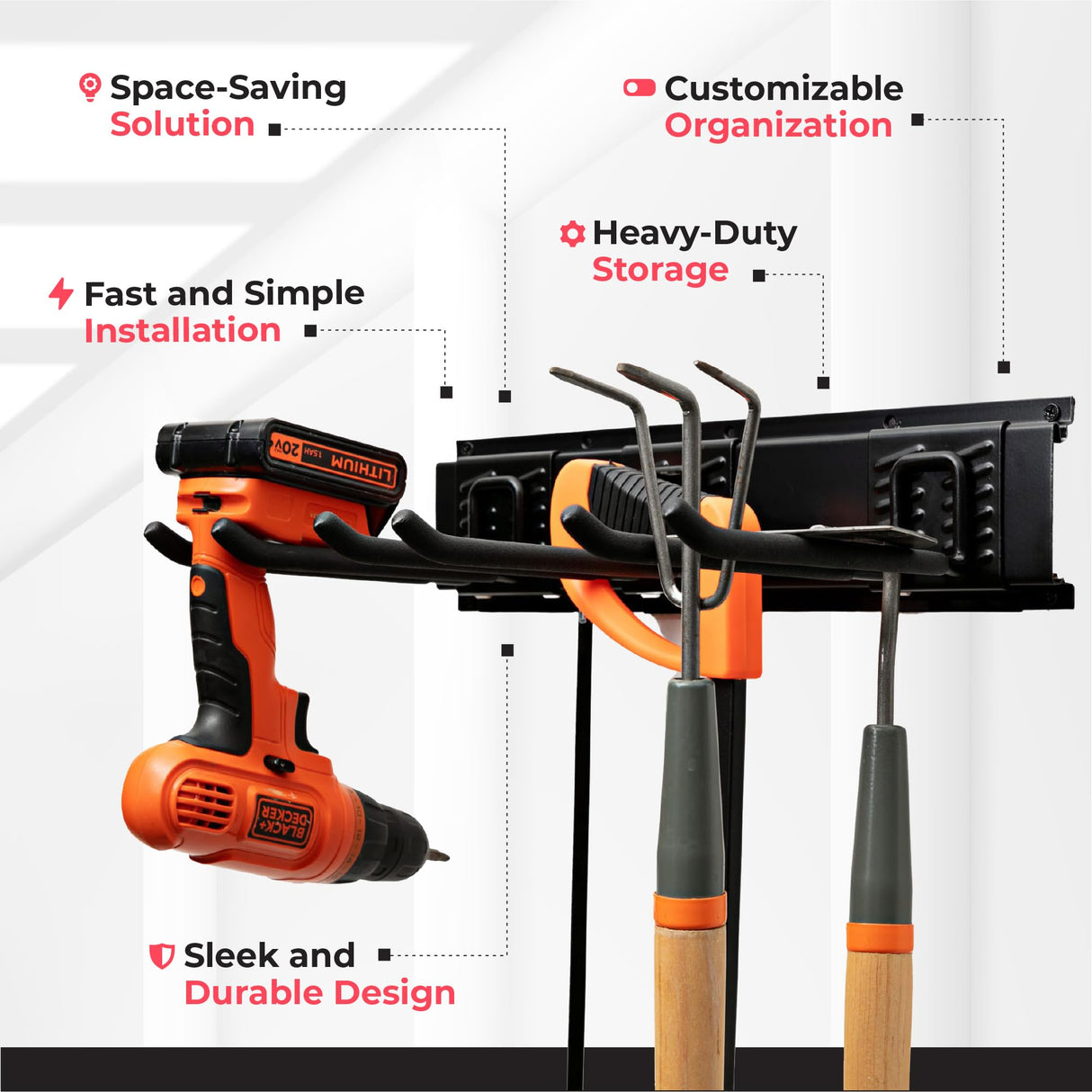 TIDYME Garage Tool Organizer Wall Mount - 80 inches - Sturdy Storage Rack with Adjustable Hooks, Anti-Rust - Easy Installation, 500lbs Capacity - Garden Tool Organizer (05 Racks & 10 Hooks) TIDYME
