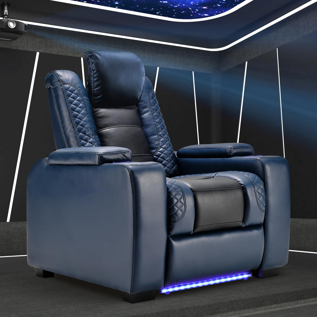 ANJ Power Home Theater Seating Recliner chairs, PU Leather Recliner with Cup Holder, Electric Movie Theater Reclining Chairs with Adjustable Powered Headrest, Blue LED, Hidden Arm Storage (Black-Blue) ANJ