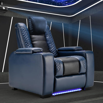ANJ Power Home Theater Seating Recliner chairs, PU Leather Recliner with Cup Holder, Electric Movie Theater Reclining Chairs with Adjustable Powered Headrest, Blue LED, Hidden Arm Storage (Black-Blue)