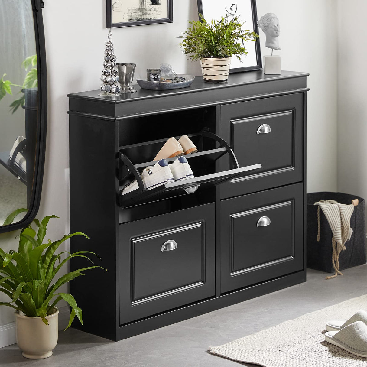 Haotian Modern Black Freestanding Shoe Cabinet with 4 Flip Drawers, 8 Levels, W41.3 x D9.5 H32.7 in., Entryway Shoe Organizer Haotian