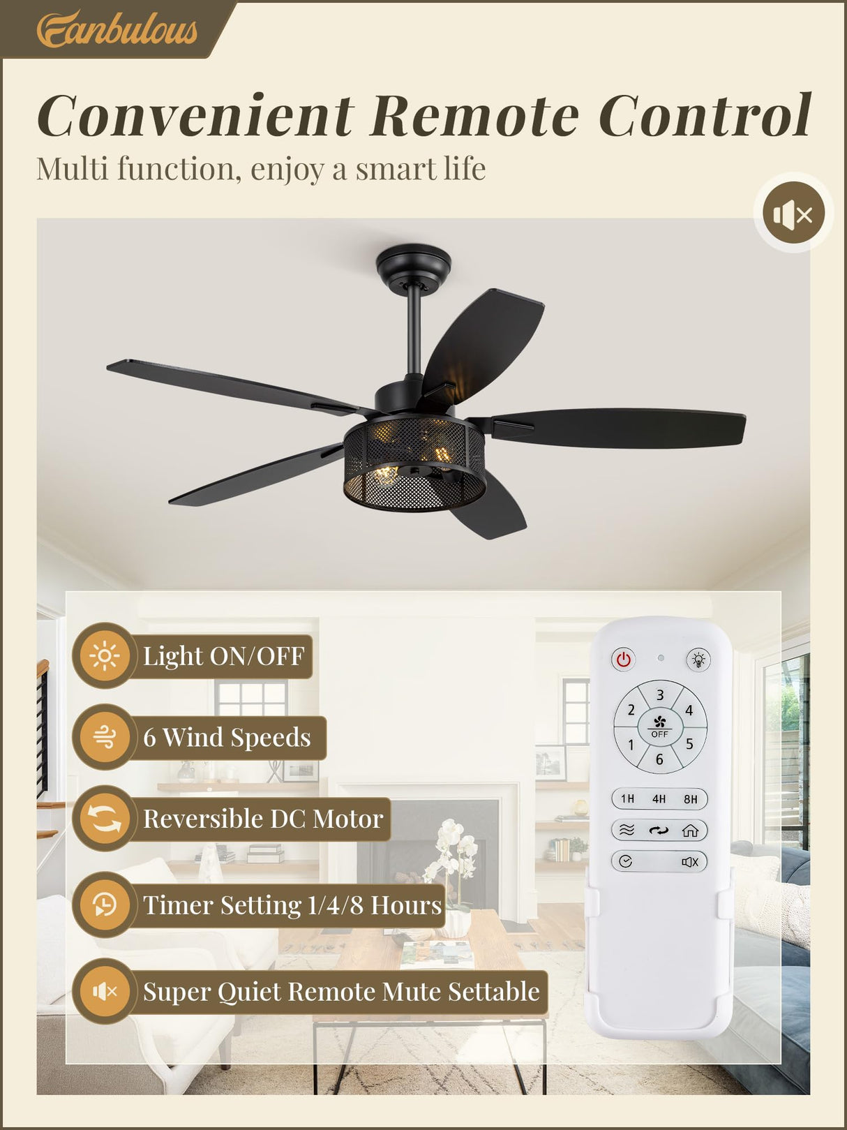 52 Inch Farmhouse Ceiling Fan with Light and Remote, Black Industrial Caged Ceiling Fans Flush Mount, 5 Dual Finish Blades, 6-Speed Reversible Quiet DC Motor, Rustic Design for Bedroom, Living Room Fanbulous