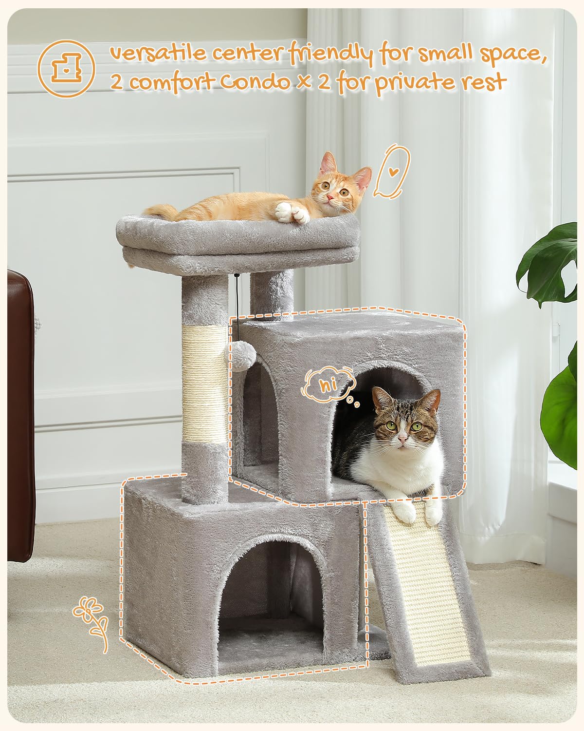 PAWZ Road Cat Tree, 30 Inches Cat Tower with Dual Condos for Indoor Cats, Plush Cat House with Padded Perch, Scratching Ramp and Posts and Replaceable Balls-Gray PAWZ Road