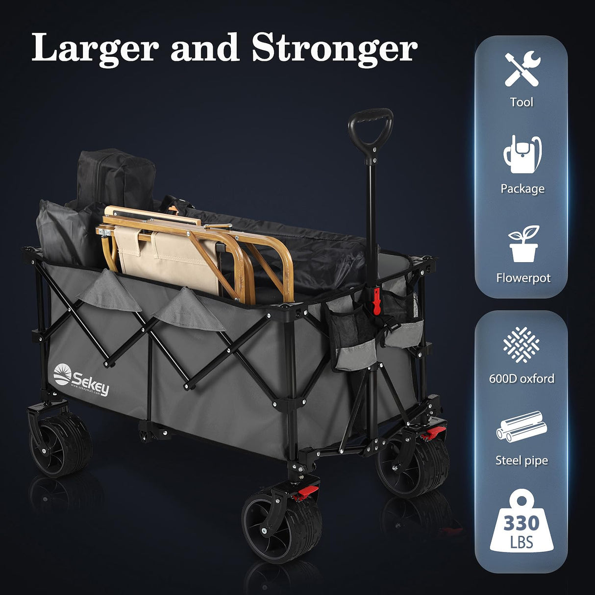 Sekey 220L Collapsible Foldable Wagon with 330lbs Weight Capacity, Heavy Duty Folding Utility Garden Cart with Big All-Terrain Beach Wheels & Drink Holders. Grey Sekey