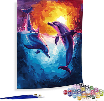 Diymood Paint by Numbers for Adults Dolphin, DIY Oil Painting Moon Acrylic Paint by Number Kits for Kids Adults Beginner for Home Wall Decor 16x20 inch