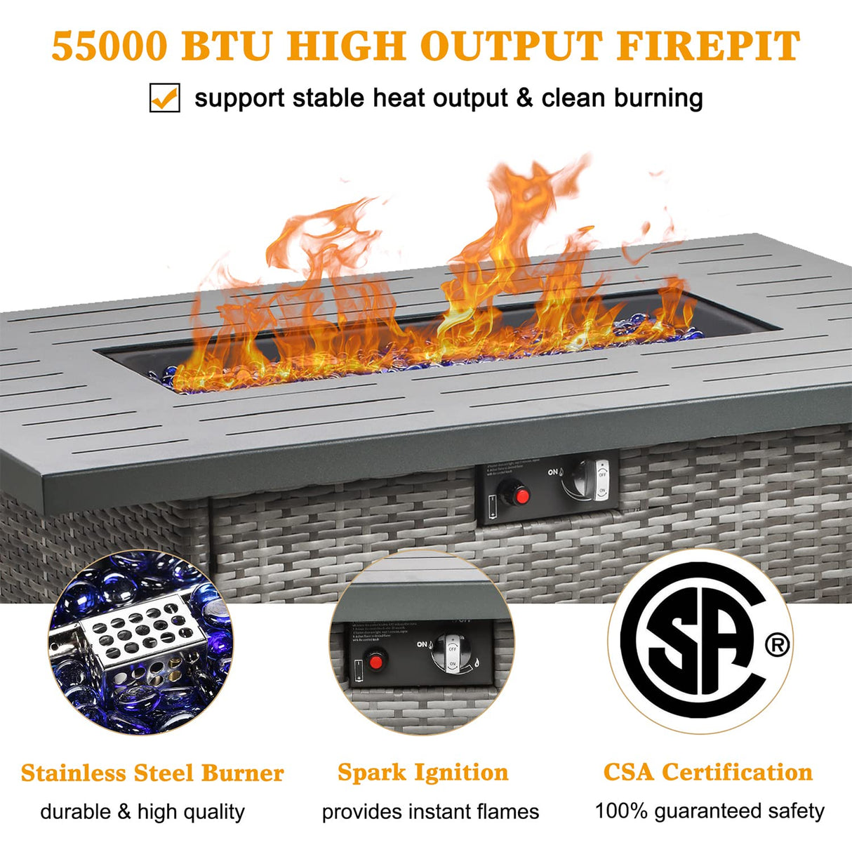 LayinSun 44" Propane Gas Fire Pit Table, 55000 BTU Rectangular Fire Pit with Glass Wind Guard for Outside Patio Deck Garden Backyard Gray-Aluminum Top LayinSun