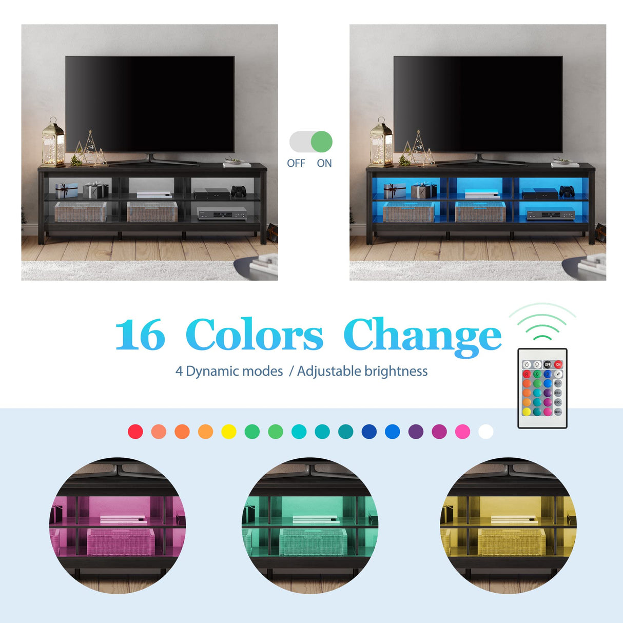 WAMPAT LED TV Stand for 75 inch TV, Wood Entertainment Center with 16 Color LED Light, Farmhouse TV Console Table with 6 Storage for Living Room Bedroom, 70 Inch, Black WAMPAT