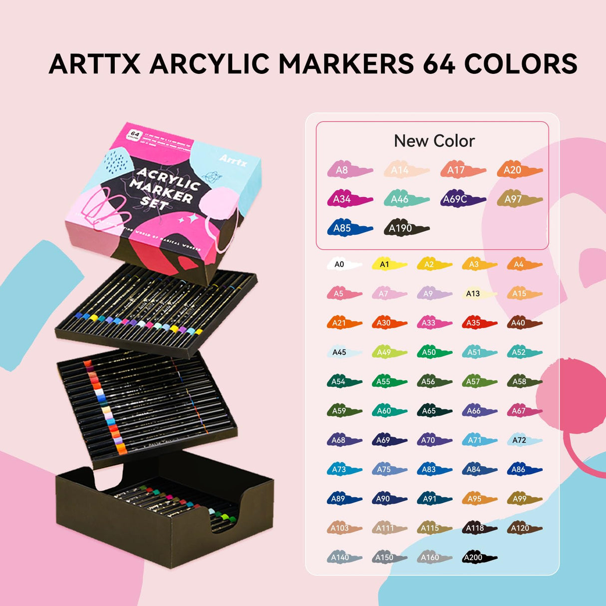 Arrtx Acrylic Paint Markers 64 Colors, Dual Tip Acrylic Paint Pens with Fine Tip and Brush Tip, Art Supplies for Rock Painting, Wood, Ceramic, Fabric, Glass, Card Making, DIY Crafts Arrtx