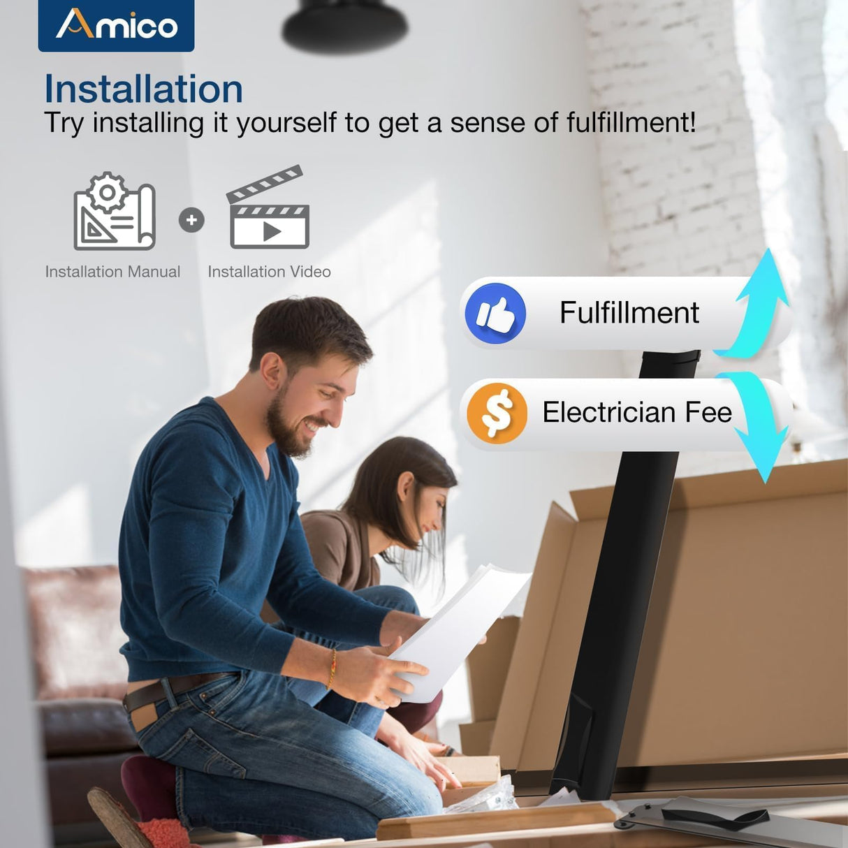 Amico Ceiling Fans without Lights, 72 inch Industrial Indoor/Outdoor Ceiling Fan with Remote Control, Reversible, 6 Blades, Noiseless, Black Ceiling Fan for Patio, Porch, Garage, shop, Farmhouse Amico