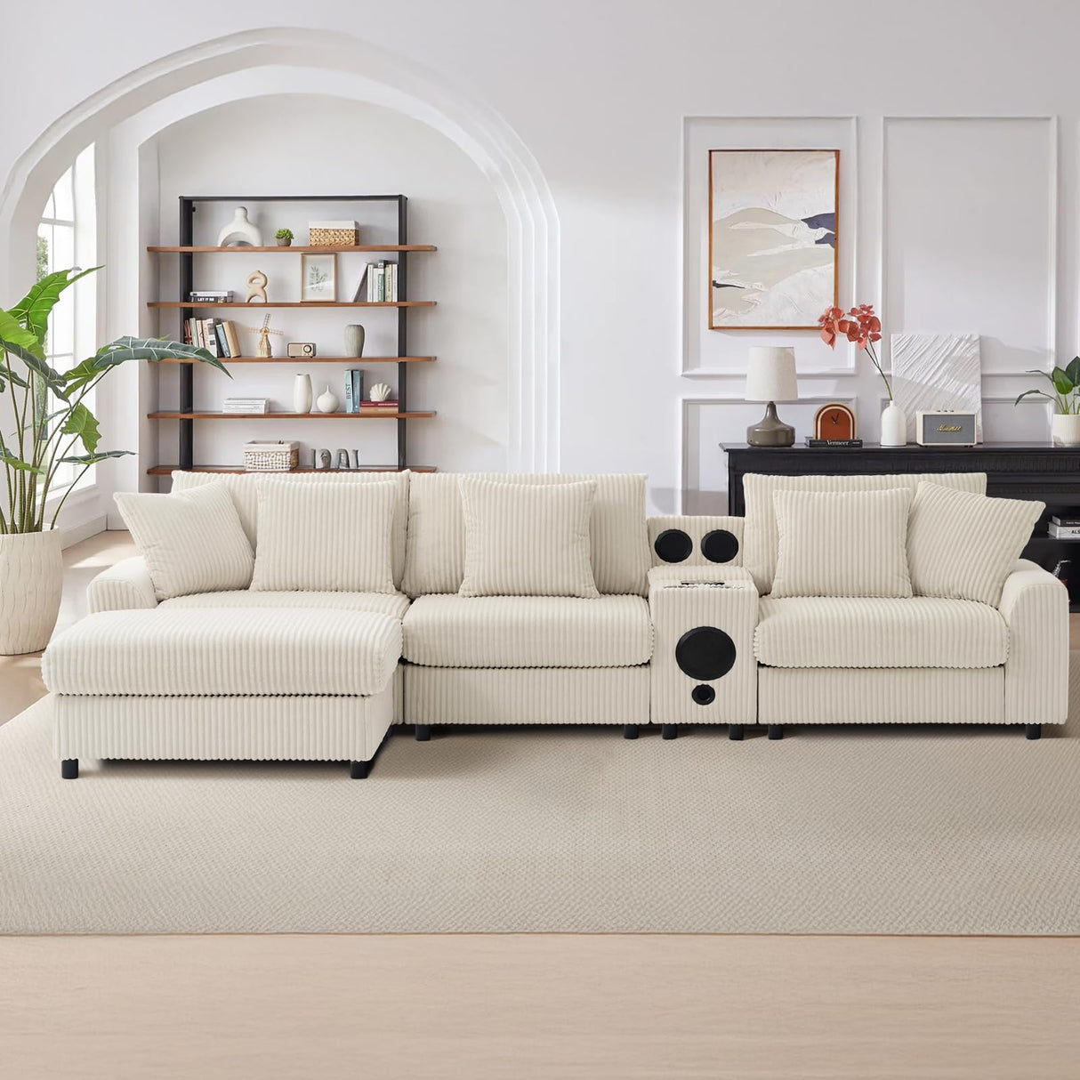 MAKIAAP 114" Corduroy Sectional Modular Couch with Bluetooth Speakers, L Shaped Couches Comfy Deep Sofa with Console, USB Charger, Cup Holders, Storage, Ottoman for Living Room (Beige, 114in) MAKIAAP