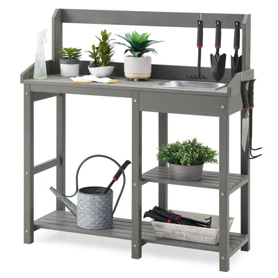 Psilvam Outdoor Potting Bench with Sink for All-Weather Gardens, HDPE Potting Benches for Outside, Planting Table for Garden, Patio and Lawn (Grey)