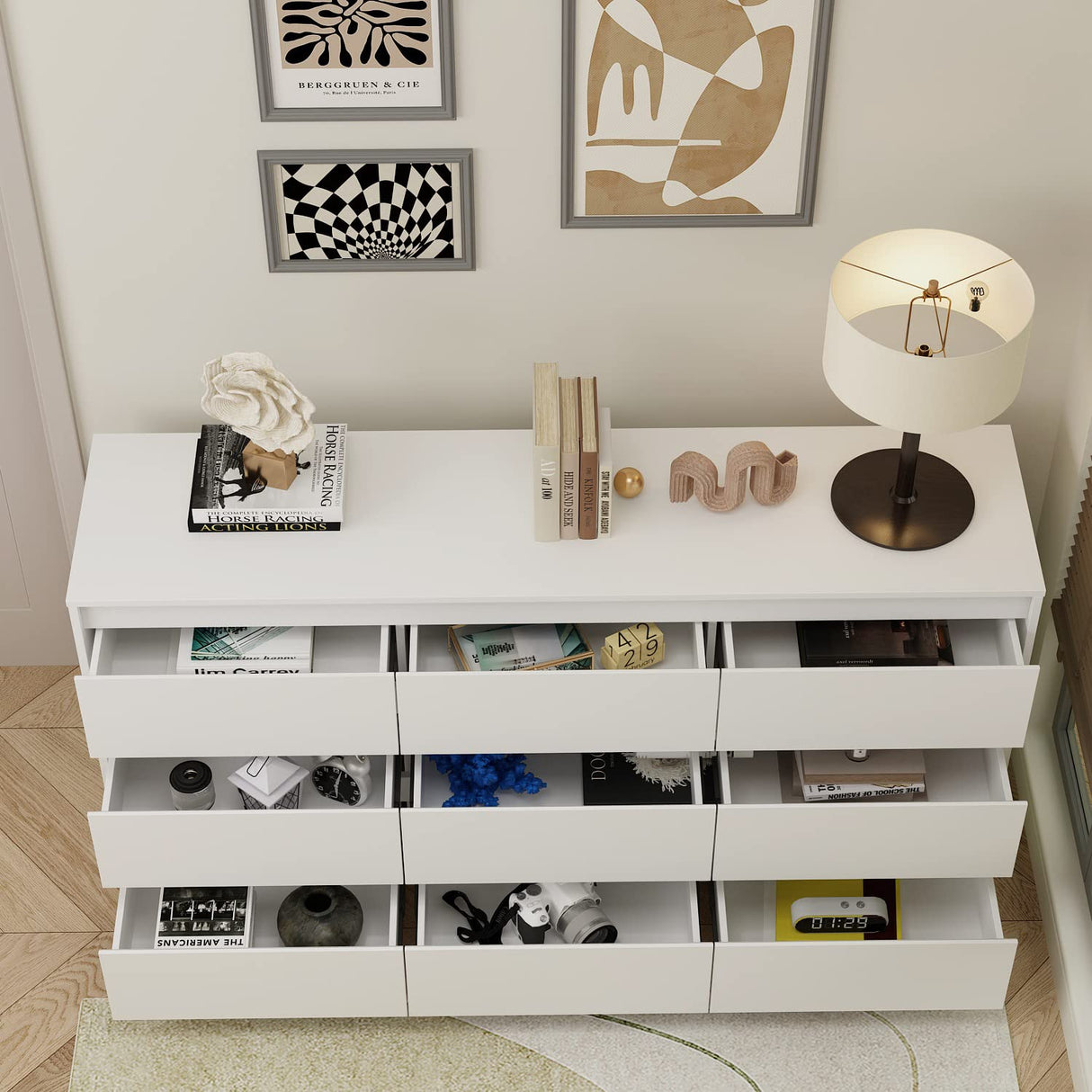 Homsee 9 Drawers Double Dresser, Modern Wood Dresser Chest of Drawers with Large Storage Space for Bedroom, White (63”L x 15.7”W x 31.5”H) Homsee