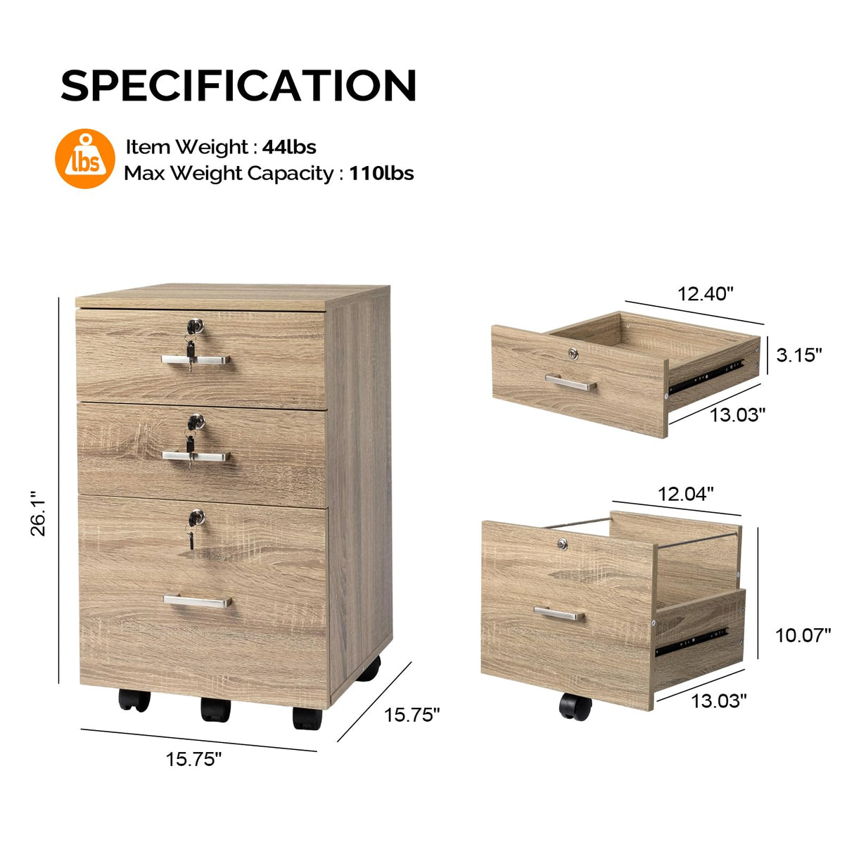 VINGLI 3-Drawer File Cabinet with Lock, Wood Rolling File Cabinet Under Desk File Cabinets for Home Office, Mobile Printer Stand & File Cabinet for Letter Sized Files, 26" H(Caster Included), Oak VINGLI