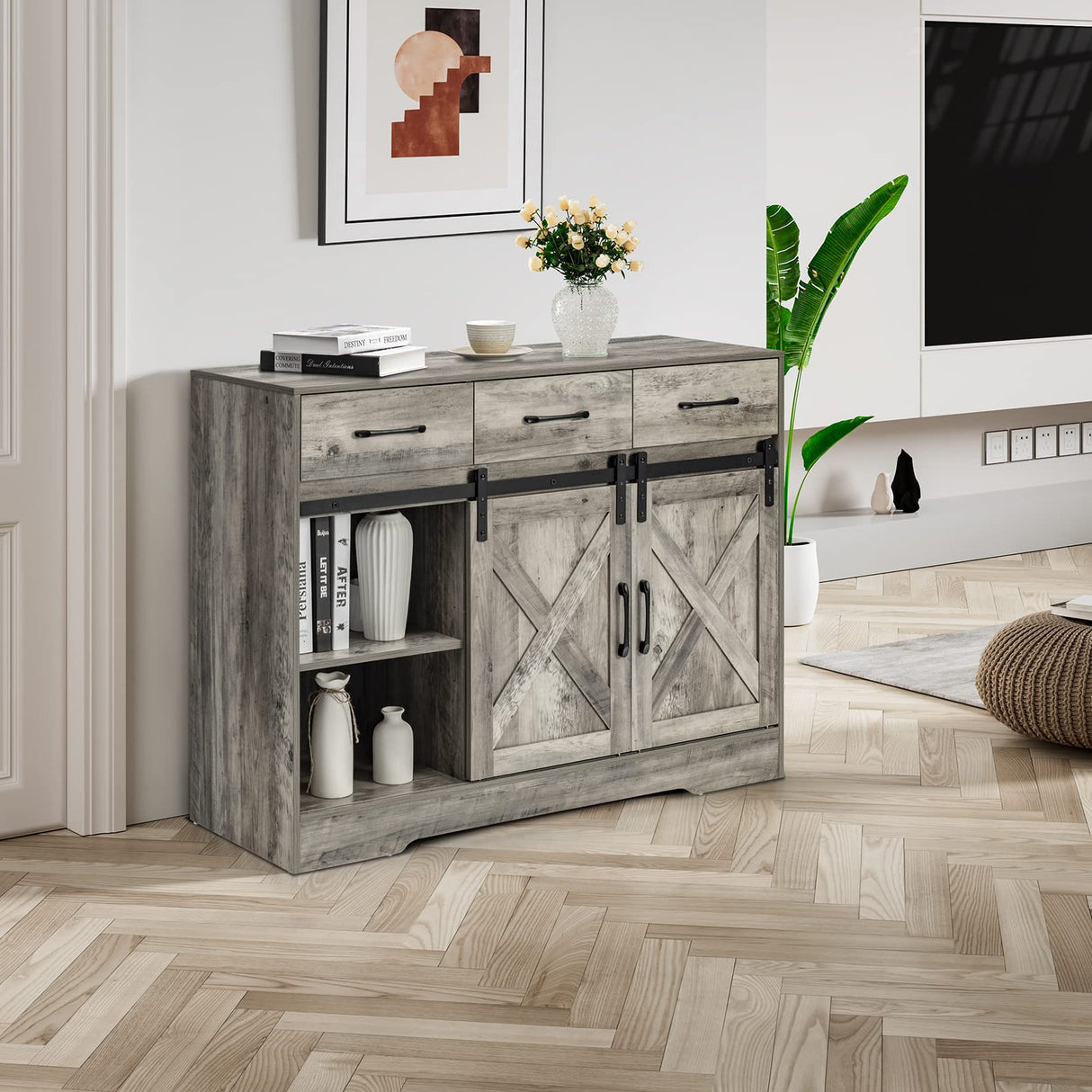 Chic Grey Farmhouse Wine Cabinet and Coffee Bar with Sliding Barn Doors and Ample Storage WoodArtSupply