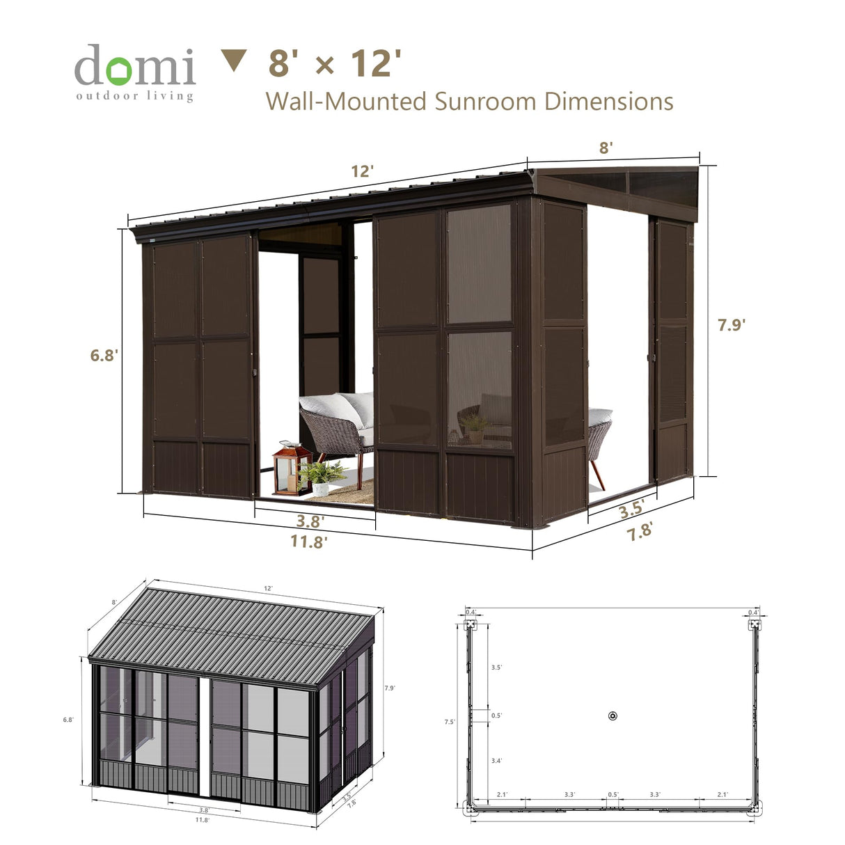 Domi 8x12FT Sunroom,Wall Mounted Gazebo Solarium with Front Door, Both Side Entrance, Galvanized Steel Sloping Roof, Moveable PC Screen, Outdoor Permanent Sun Room Lean to Gazebo for Deck Patio domi outdoor living