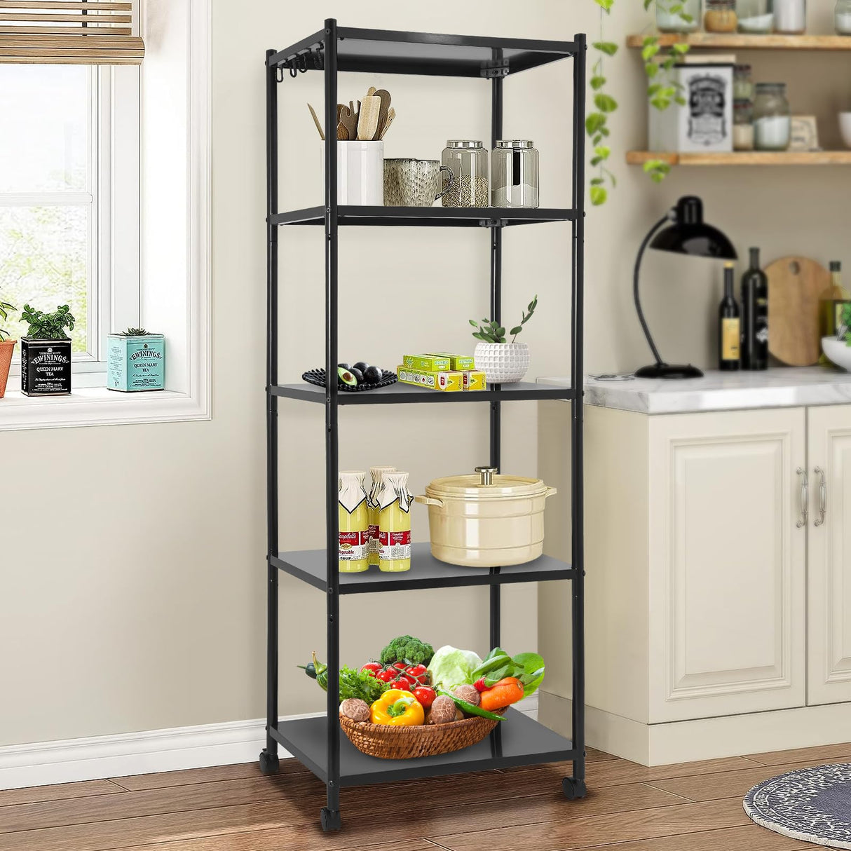 AHULIN 5 Tiers Adjustable Kitchen Storage Rack with Wheels,Freestanding 62In Shelving Storage Rack for Garages, Kitchens, Living Rooms(Black) AHULIN