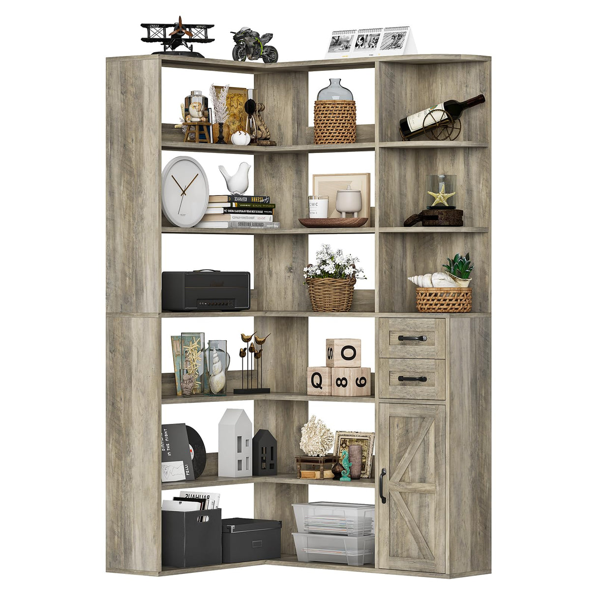UPOSOJA 7-Shelf Farmhouse Corner Bookshelf with Lockers & Drawers, 71" L-Shaped Large Storage Shelf Display Rack for Bedroom, Living Room, Home Office (Gray) UPOSOJA