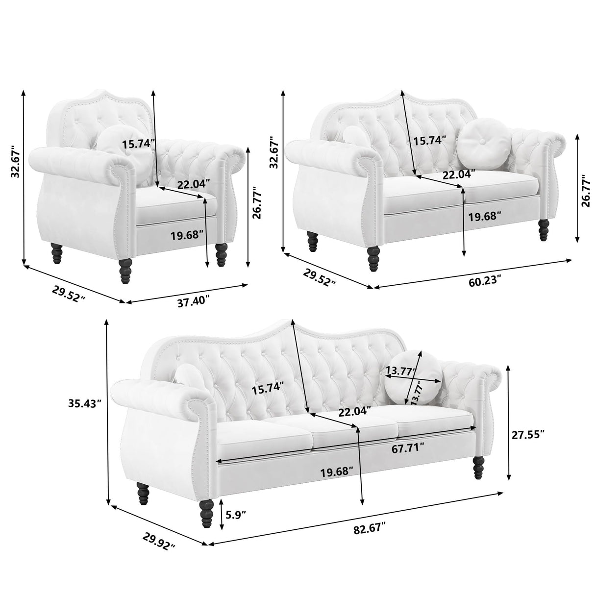 AVZEAR 3-Piece Living Room Sectional Sofa Set, Mid-Century Modern Chesterfield Upholstered Velvet Sofa Couch, Classic Tufted Button White Couch with Nailhead Trim for Living Room, Office (White) AVZEAR