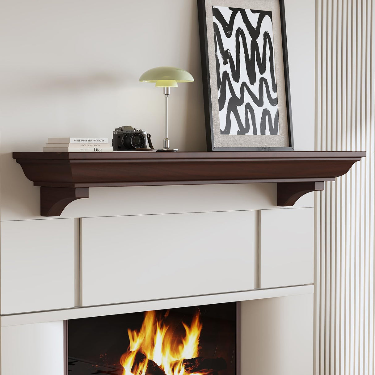 Fireplace Mantel, 60 Inch Rustic Fireplace Mantle with Arched Corbels, 100 lbs Weight Capacity Fire Place Mantel, Natural Wood Mantles for Over Fireplace, Fire Place Mantel for Living Room (Walnut) KALSUBO