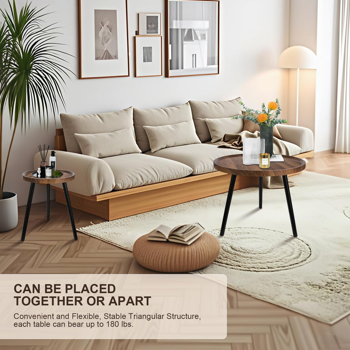 Nesting Coffee Table Set of 2, Modern Round Coffee Tables Nesting Side Table Set, Easy Assembly Nesting Tables for Living Room, Walnut Wood End Tables for Home Office Yard Dongxw