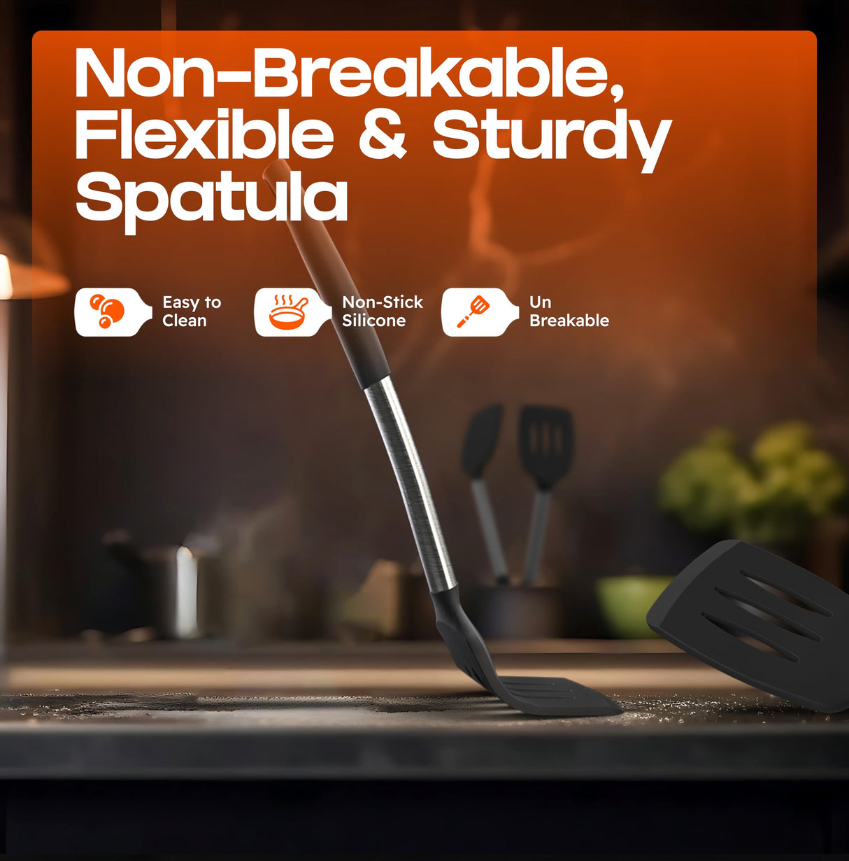 BakeRoyal Silicone Spatula Set - Turner Spatulas Silicone Heat Resistant 600°F - Slotted & Solid Silicone Spatulas for Cooking Fish, Eggs, Pancakes Flipper – Silicone Cooking Utensils Set – Black BAKEROYAL