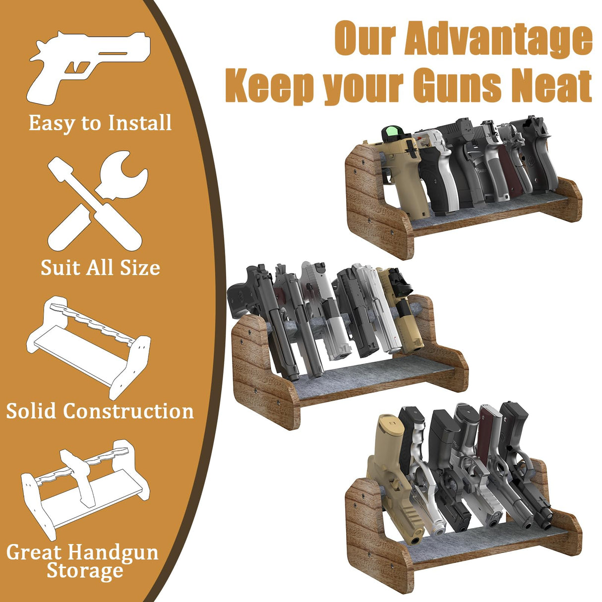 Aoanoko Pistol Rack for Gun Safe, Handgun Rack with Non Slip Carpeted Surface, Pure Wood Made Pistol Stand for Gun Cabinet Storage Pistol Storage, 6 Slots Pistol Stand Aoanoko