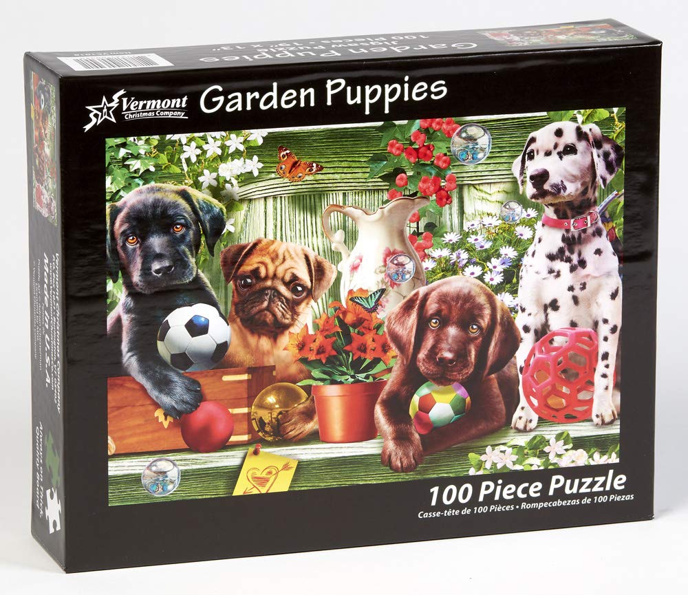 Garden Puppies Jigsaw Puzzle 100 Piece by Vermont Christmas Company - Large, Interlocking Pieces - Unique, Randomly Shaped Pieces - Perfect for Kids and Seniors Vermont Christmas Company