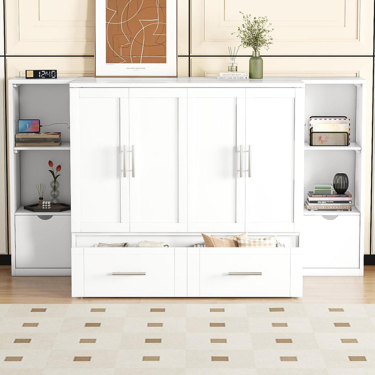 Queen Size Murphy Wall Bed with Storage, Bookcase Headboard, Solid Wood Cabinets, Shelves, Drawers and USB Ports, Multi-Function Platform Bed for Home Office, Guest Room (White) MERITLINE