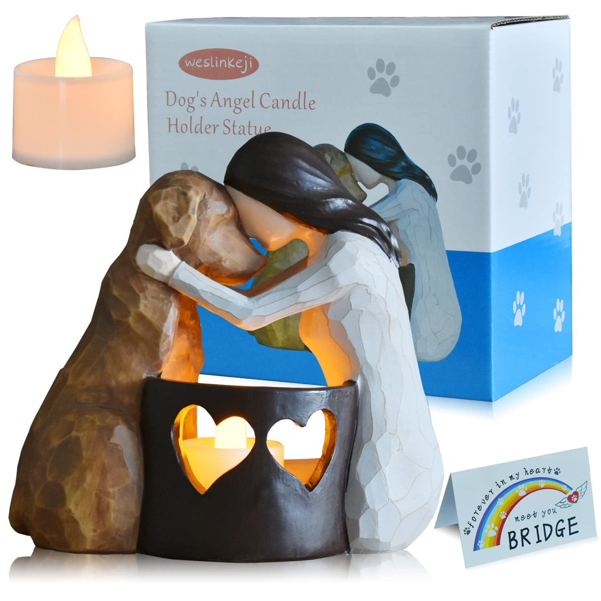 weslinkeji Dog Memorial Gifts,Pet Loss Gifts,Hand-Sculpted Dogs Passing Away Sympathy Gift,Remembrance Gift ,Dog Lovers Candle Holder Statue with LED Candle weslinkeji