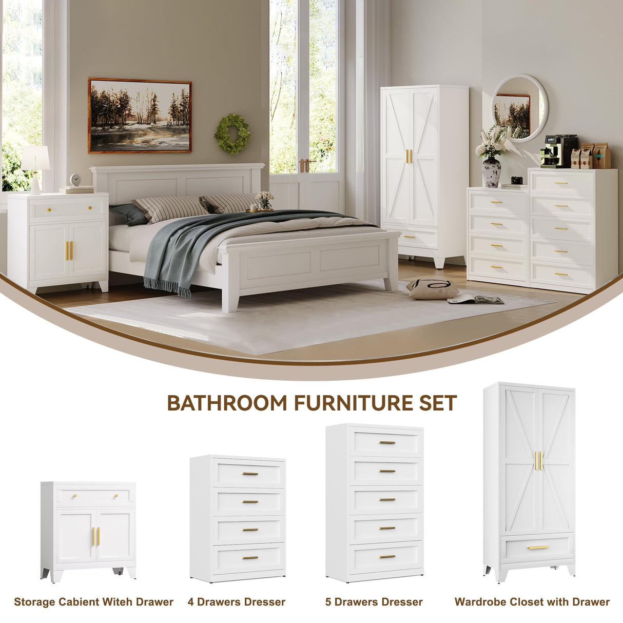 YAUWOH Farmhouse Wardrobe Cabinet,Metal Wardrobe Closet with Hanging Rod,Metal Armoire with Adjustable Shelves for Bedroom,Living Room, Cloak Room,Office (White) YAUWOH