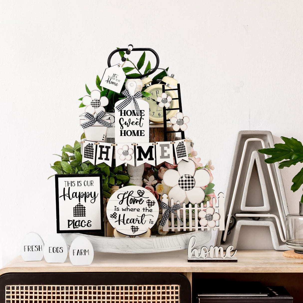 Tatuo 18 Pcs Farmhouse Tiered Tray Decor Set Home Wooden Signs Rustic Home Tiered Tray Decorations Buffalo Plaid Farmhouse Tabletop Wood Signs for Kitchen Table Shelf Decor Tatuo