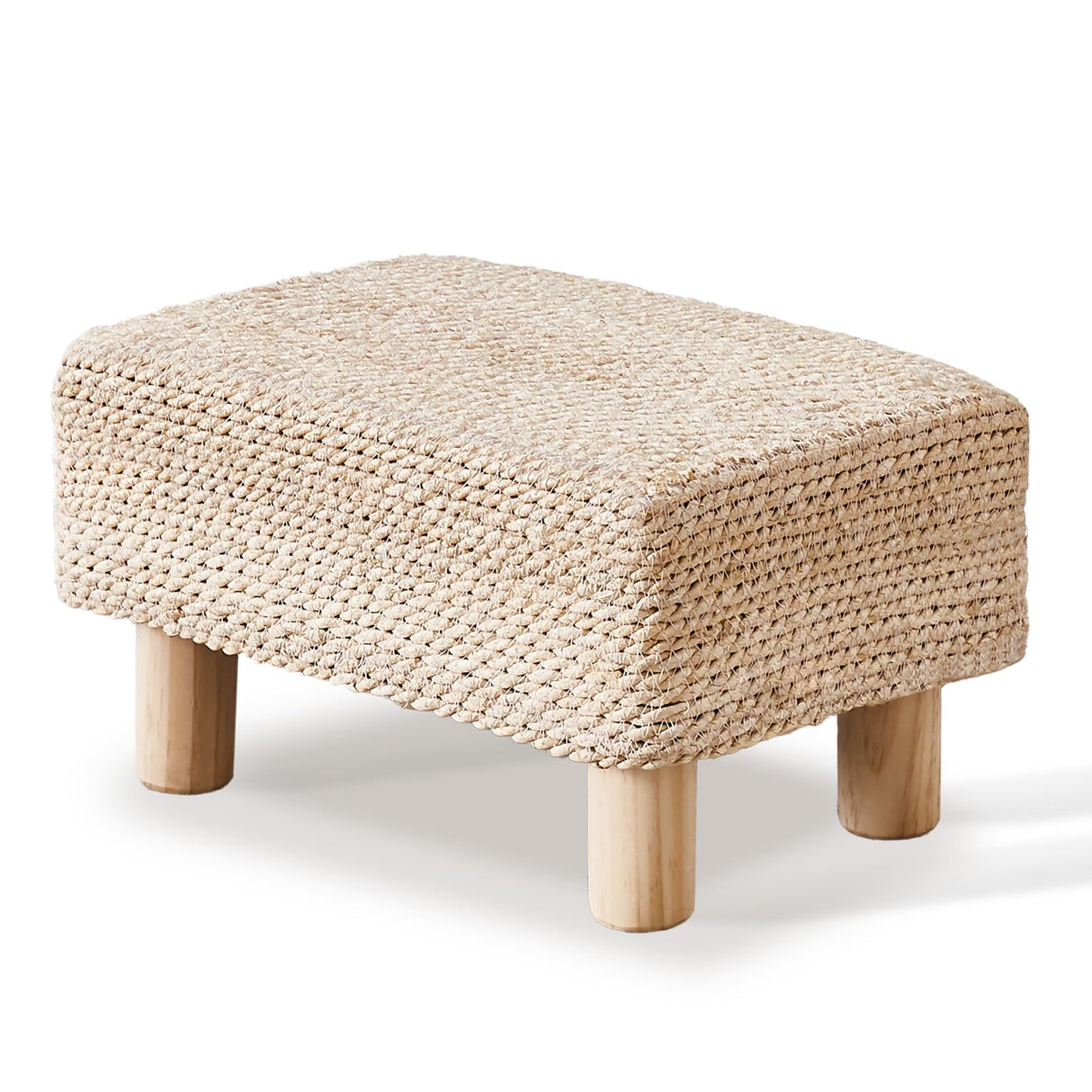 Wimarsbon Natural Seagrass Footstool Ottoman Rectangular Footrest Pouf Ottomans with Wooden Legs Hand Weave Step Stool for Living Room Bedroom Entryway Natural White Wimarsbon