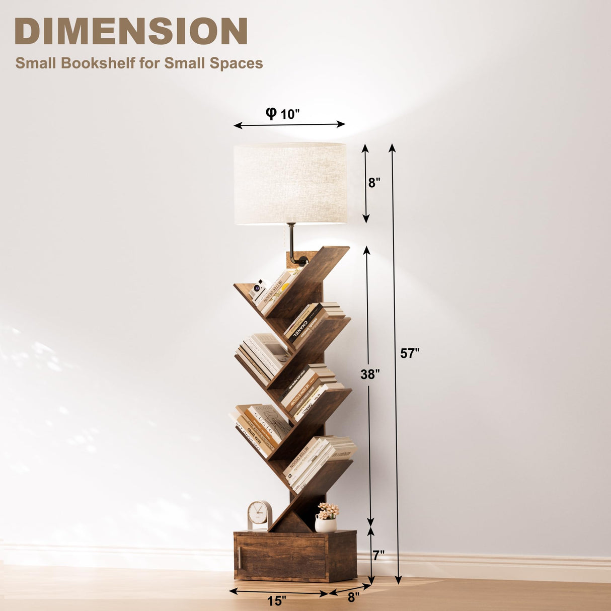 Tree Bookshelf with Light, 6 Tier Narrow Bookcase with Storage Cabinet, Tall Corner Book Shelf for Small Spaces, Vertical Floor Standing Organizer for Bedroom Living Room Home Office, Rustic Brown INNOD