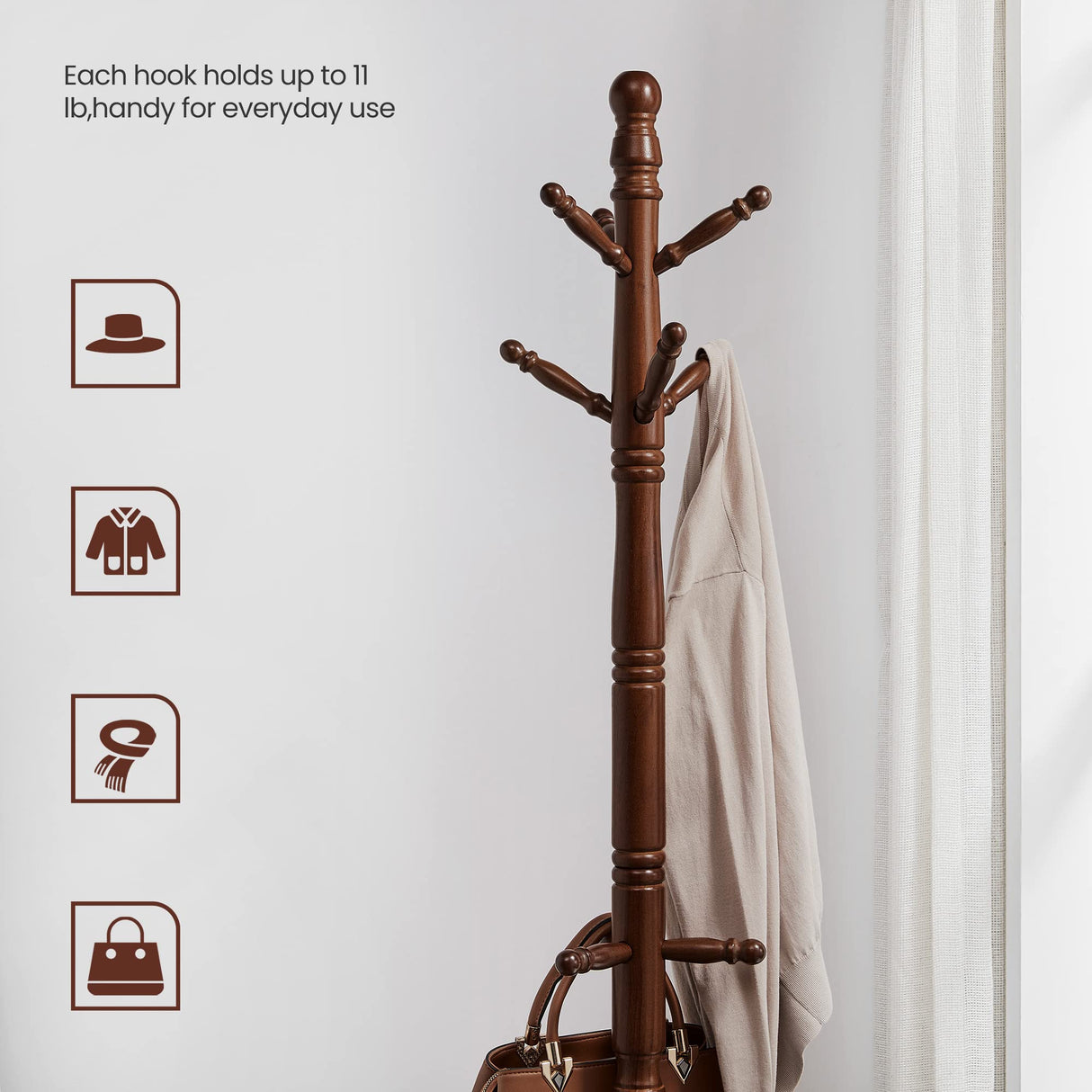 VASAGLE Solid Wood Coat Rack and Stand, Free Standing Hall Coat Tree with 10 Hooks for Hats, Bags, Purses, for Entryway, Hallway, Rubberwood, Dark VASAGLE