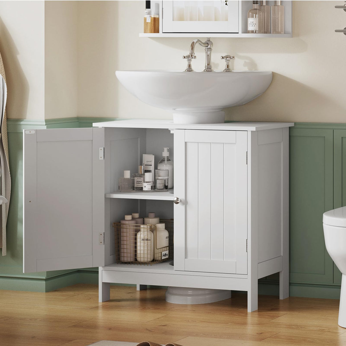 TEENFON Pedestal Sink Storage Cabinet, Under Sink Cabinet with 2 Doors & Shelf, Under Bathroom Sink Cabinet, Pedestal Sink Storage for Bathroom, White TEENFON