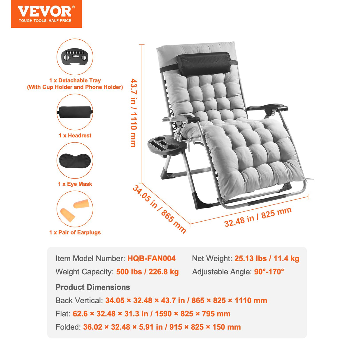 VEVOR Zero Gravity Chair, 33 inch Zero Gravity Recliner Lounge Chair for Indoor and Outdoor, Adjustable Anti Gravity Chair with Cushion, Headrest, Footrest, and Cupholder, 500 lbs, Gray VEVOR