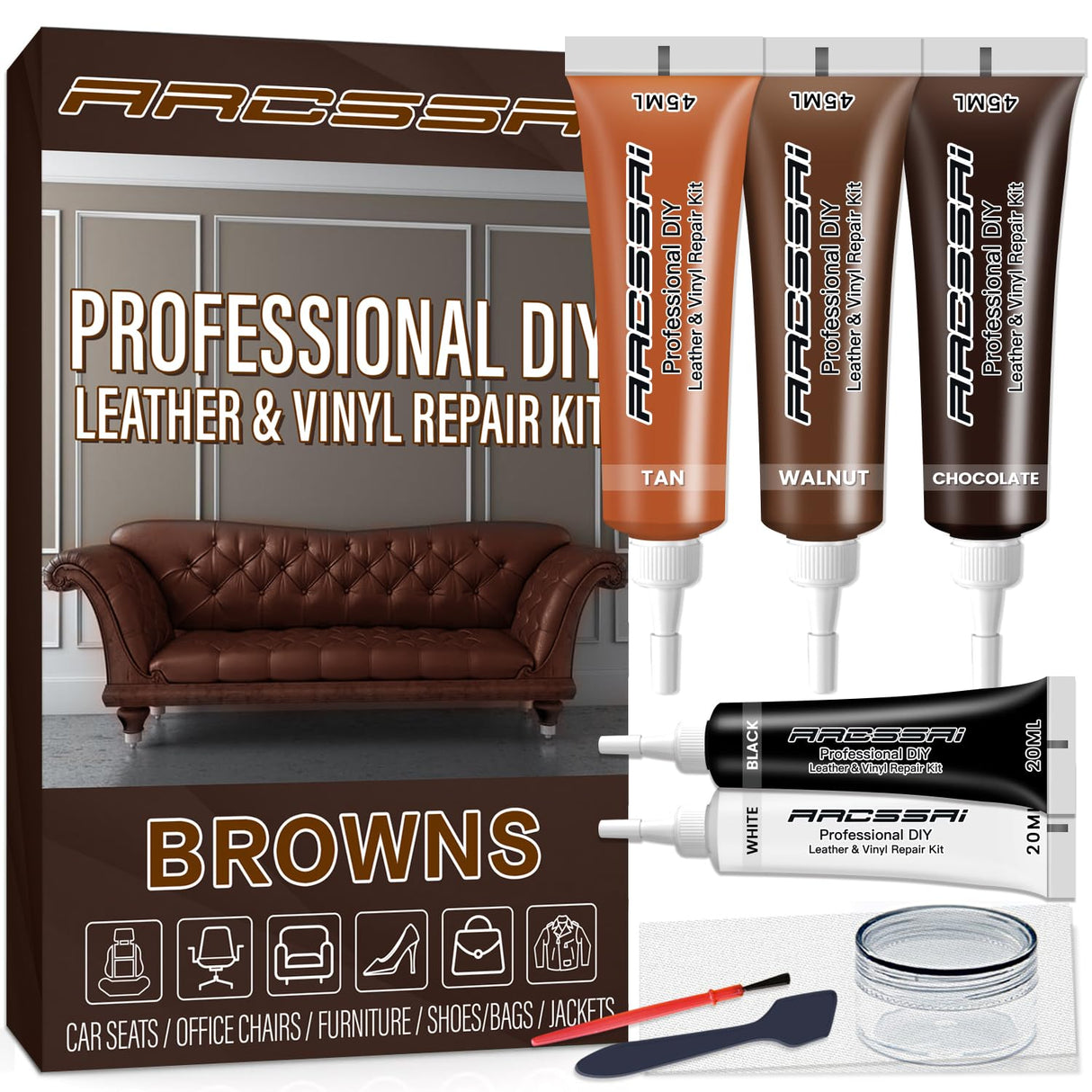 ARCSSAI ARCSSAL Brown Leather Repair Kit for Furniture, Leather Couch Repair Kit for Sofa, Jacket, Car Seats and Purse with Super Easy Instructions, Restores Any Material, Bonded, Pleather, Genuine ARCSSAI ARCSSAL