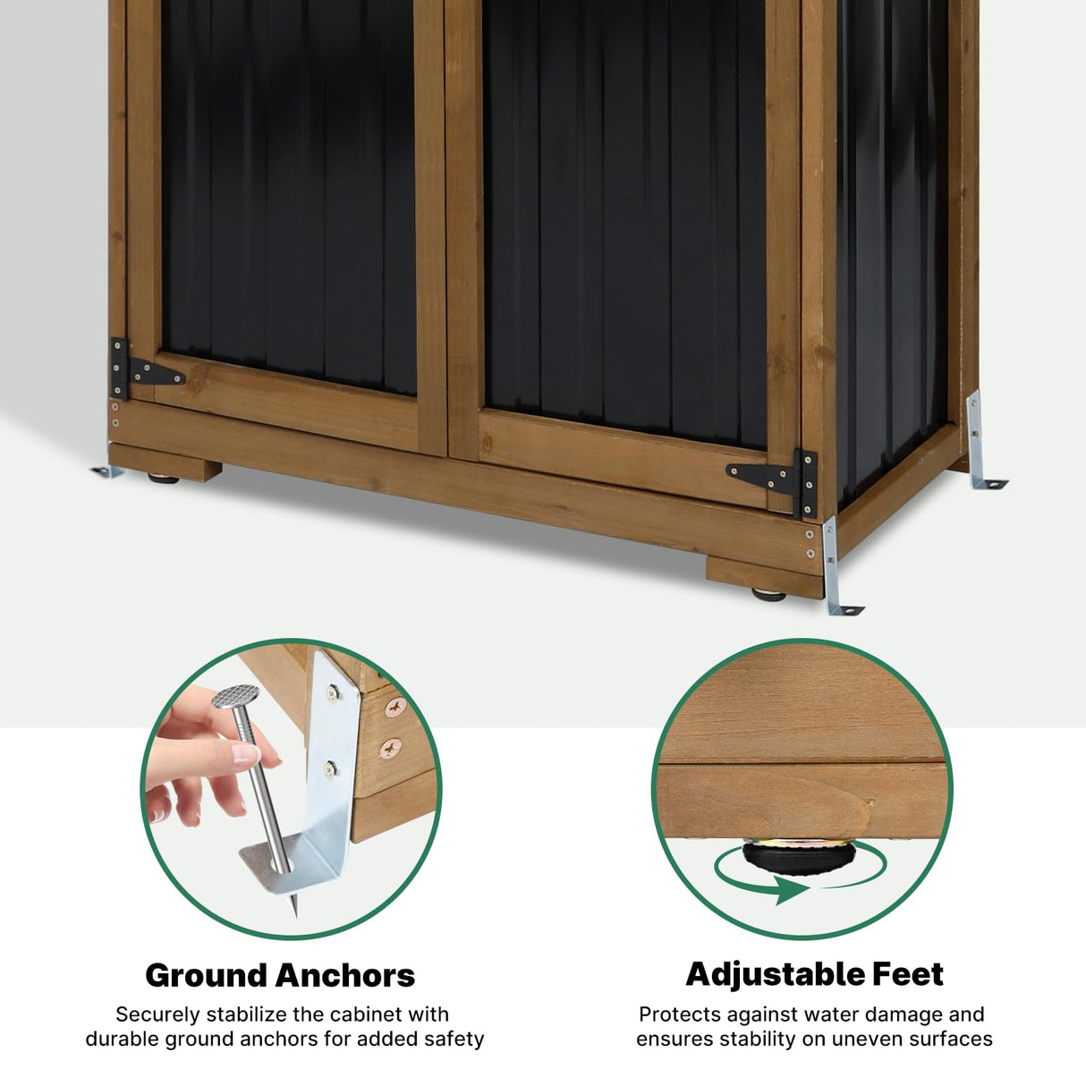 Ketive Outdoor Storage Cabinet Wood & Metal, Tall Tool Shed with Weatherproof, Double Lockable Doors, Removable 3 Shelves, Adjustable Feet for Patio, Garden, Backyard, Lawn, 32" x 15.5" x 66" (Brown) ketive