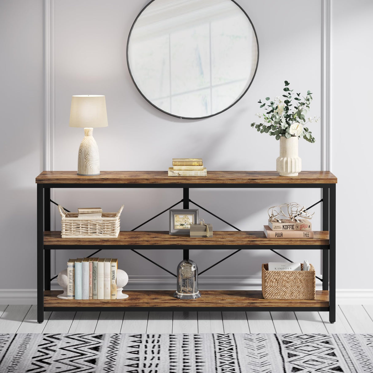 Tribesigns 55-Inch Industrial Sofa Table, 3-Tier Console Table with Metal Frame and Open Shelves, Modern Decorative Shelf, Open TV Shelf for Living Room, Entryway, Hallyway (Brown and Black) Tribesigns