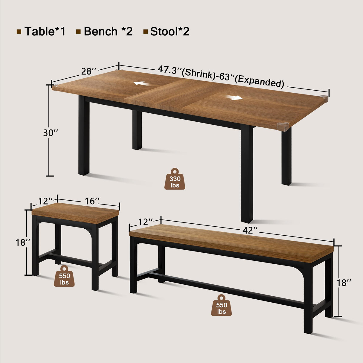 Einhomn 5 Pieces Dining Room Table Set for 4-6, 63" Extendable Kitchen Table Set with 2 Benches & 2 Stools, Small Dining Table Set with Metal Frame & MDF Board, Walnut Einhomn