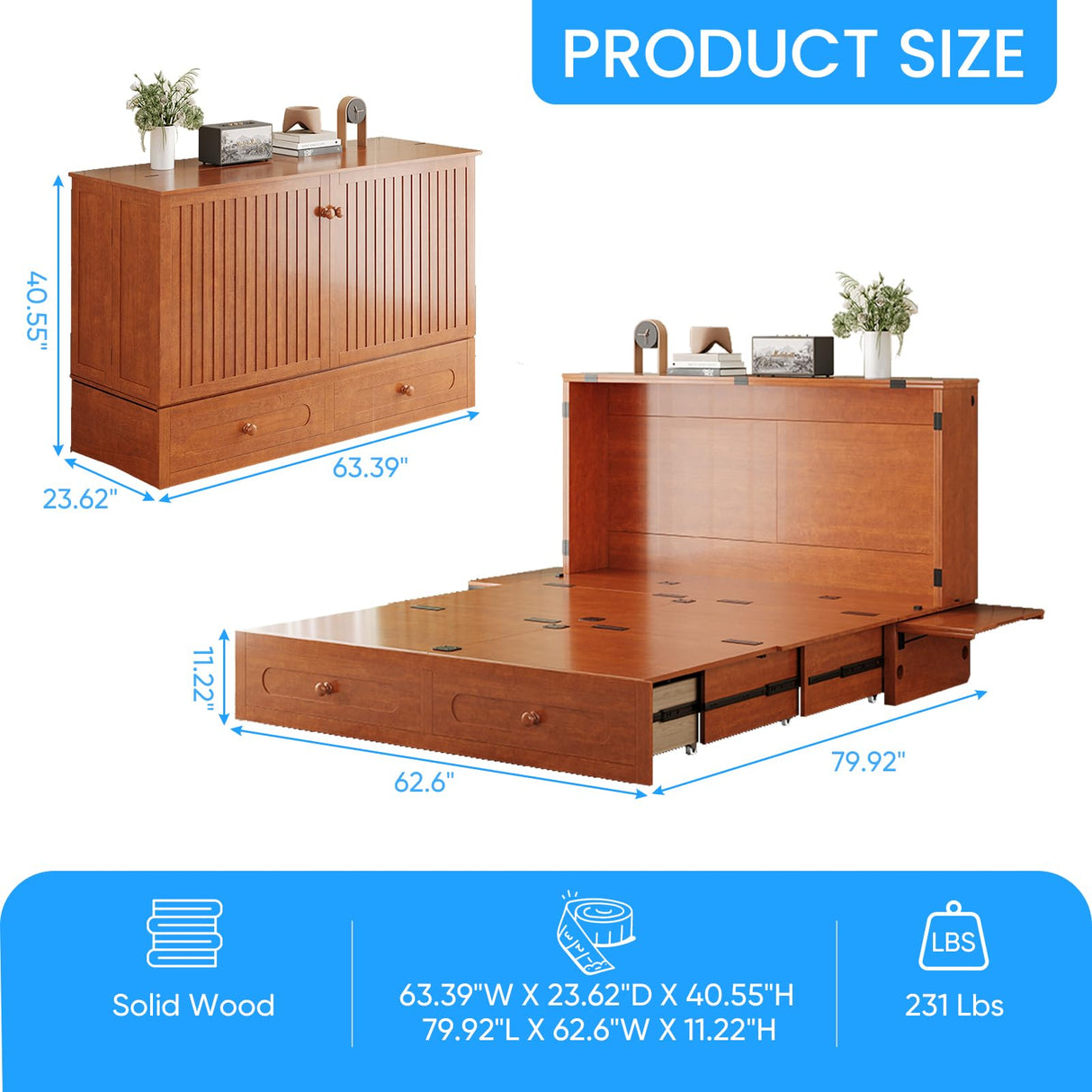 PUREMIND Queen Murphy Bed Cabinet - Solid Wood - Hideaway Chest Bed Frame with Storage Drawers, USB Charging Ports - Space Saving Wallbed for Bedroom, Guest Room, No Mattress Included (Cherry) PUREMIND