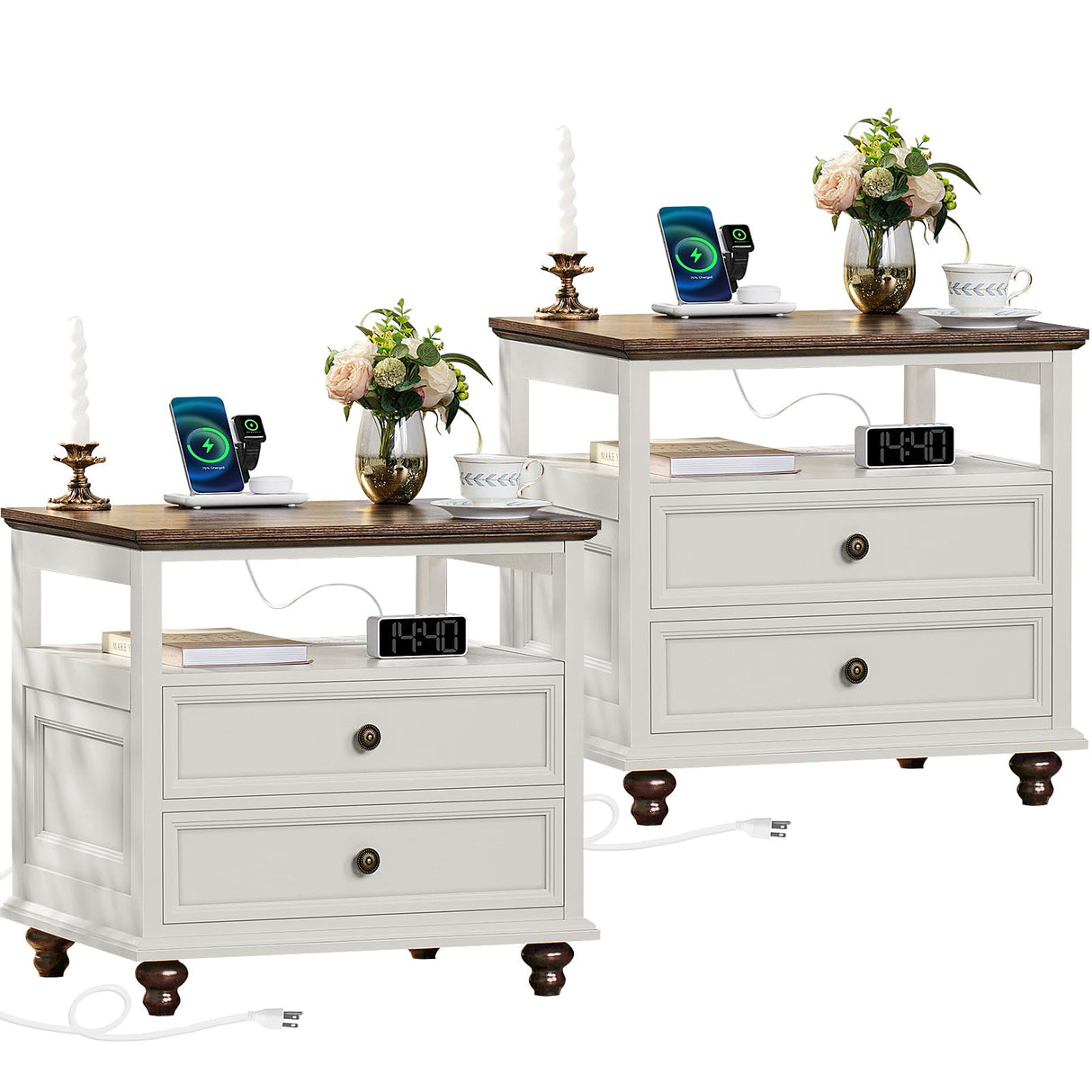 Joaxswe Farmhouse Nightstand Set of 2 with Charging Station, 24" Wide End Table with 2 Drawers,Dresser for Bedroom,Bed Side Table Chest of Drawers Cabinet,Wood White Night Stand for Living Room Joaxswe