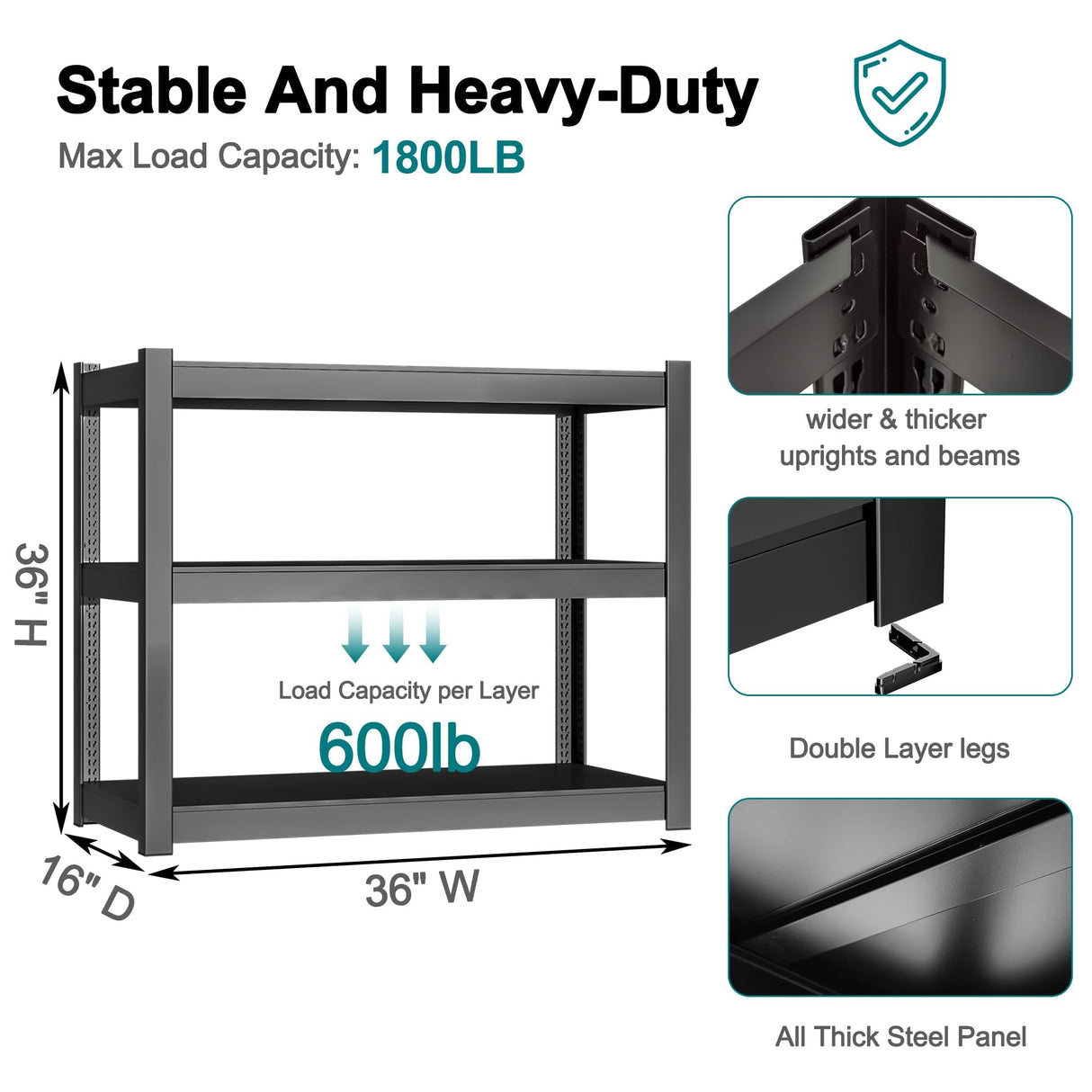 BESFUR 3-Tier Metal Shelving Unit, Adjustable Garage Shelves, Heavy Duty Garage Storage Shelving Unit for Warehouse Pantry Closet Kitchen, 15.8"*35.5"*35.5", Black BESFUR