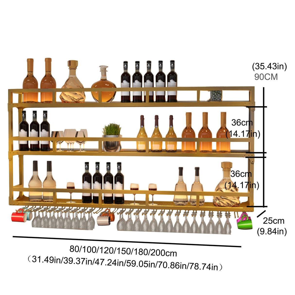 Wall Wine Rack Floating Bar Shelves Wall Mounted with LED Light Liquor Bottle Display Shelf with Hanging Wine Glass Rack Kitchen Wall Shelf Liquor Cabinet Bar Stand for Home Bar Cafe Restaurant(Gold,3 WXZXWXZX