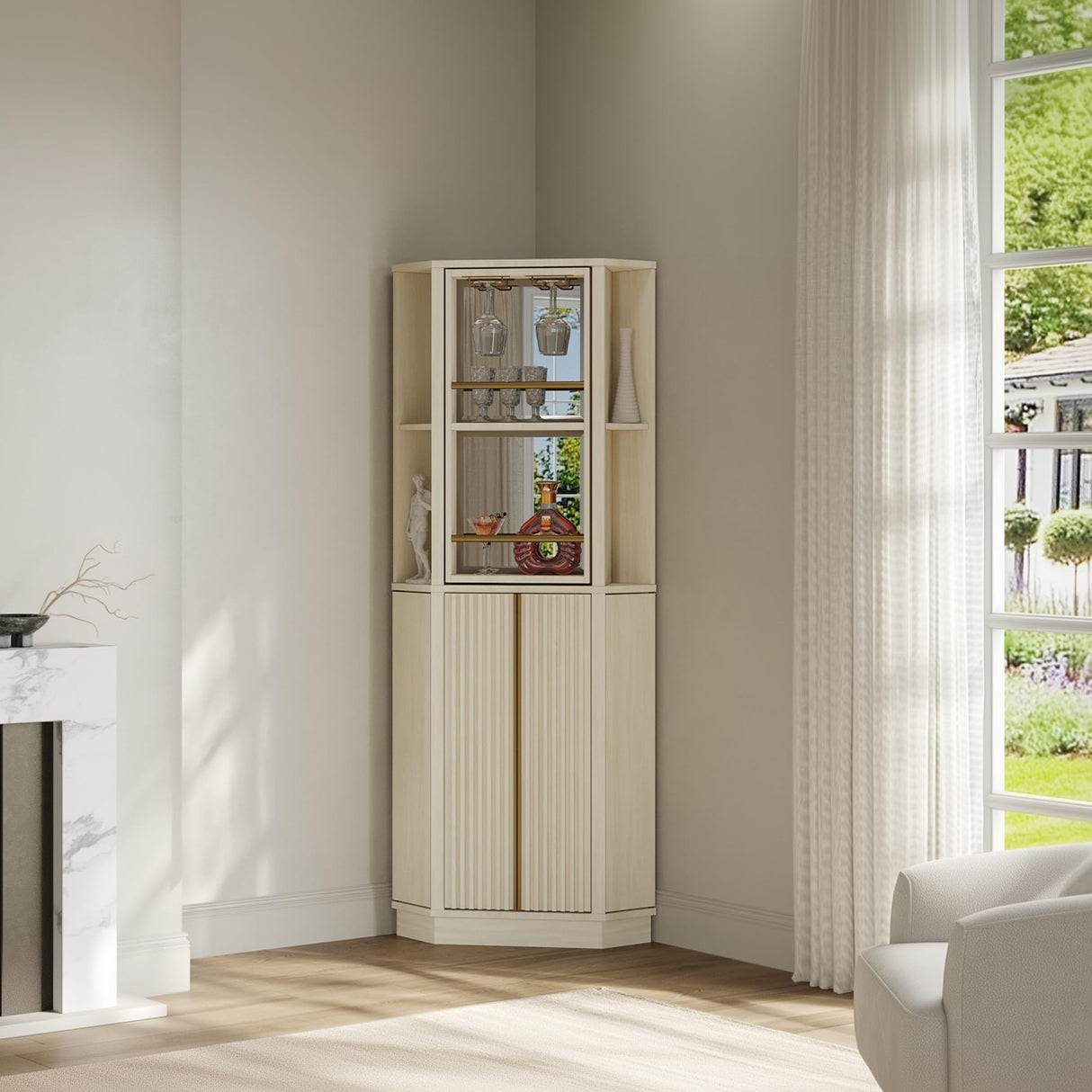 BELLEZE 68" Tall Farmhouse Wine Cabinet with Rotating Wine Rack, Corner Bar Cabinet, Modern Home Bar Liquor Storage Cabinet for Dining Room, Living Room & Kitchen - White Sand BELLEZE