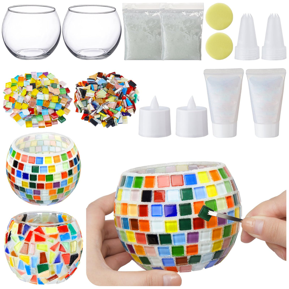 Sunnychicc 2 Set Glass Mosaic Candle Holder Kit Include Tea Light Holder, Glass Mosaic Tiles DIY Crafts Creativity Handmade Artwork for Adults Home Lighting Decor(Rainbow Theme) Sunnychicc
