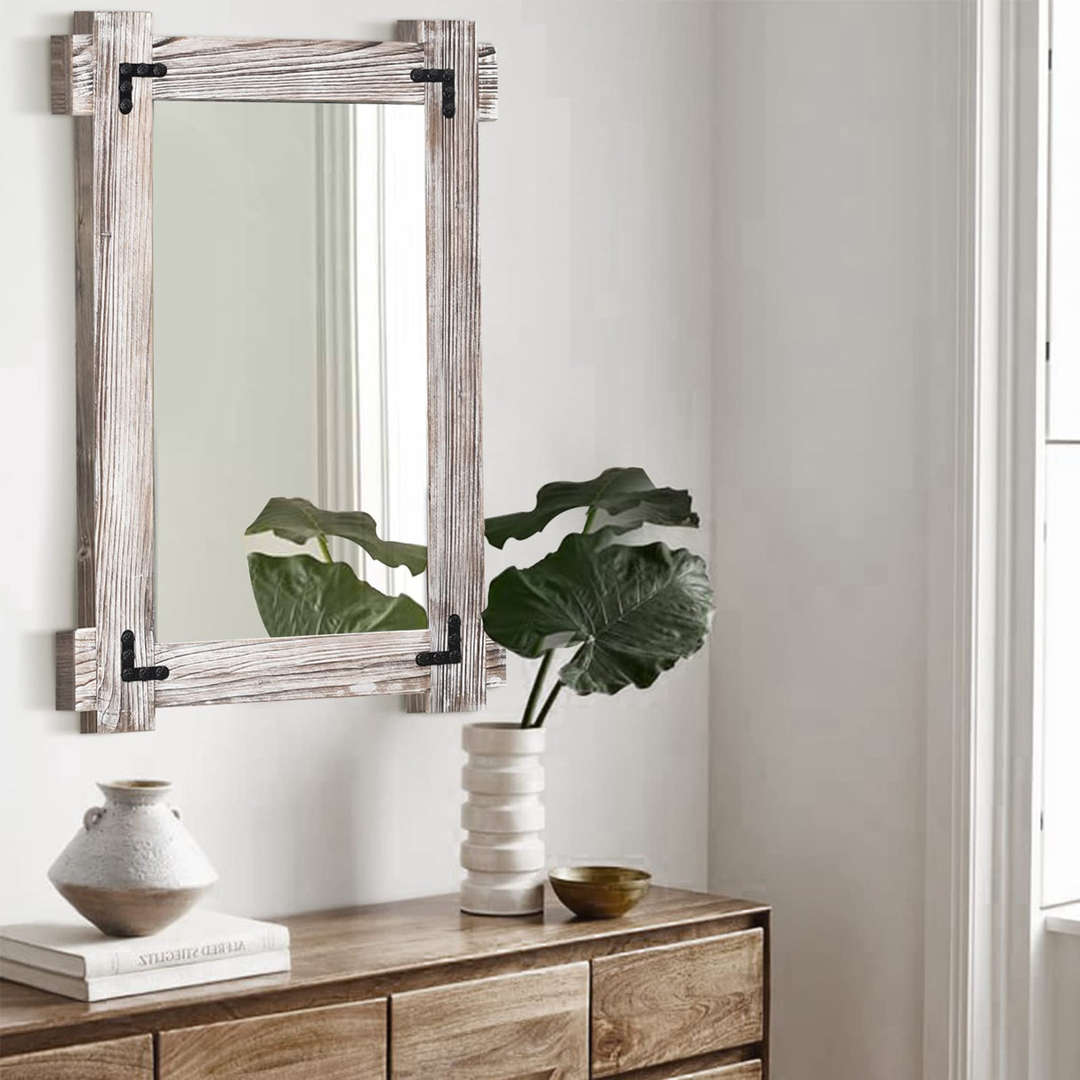 MeMoreCool Farmhouse Rustic Wood Framed Bathroom Mirror, Decorative Wall Mounted Rectangular Mirror for Bedroom, Living Room, or Bathroom, 24x36 Inch, White MeMoreCool