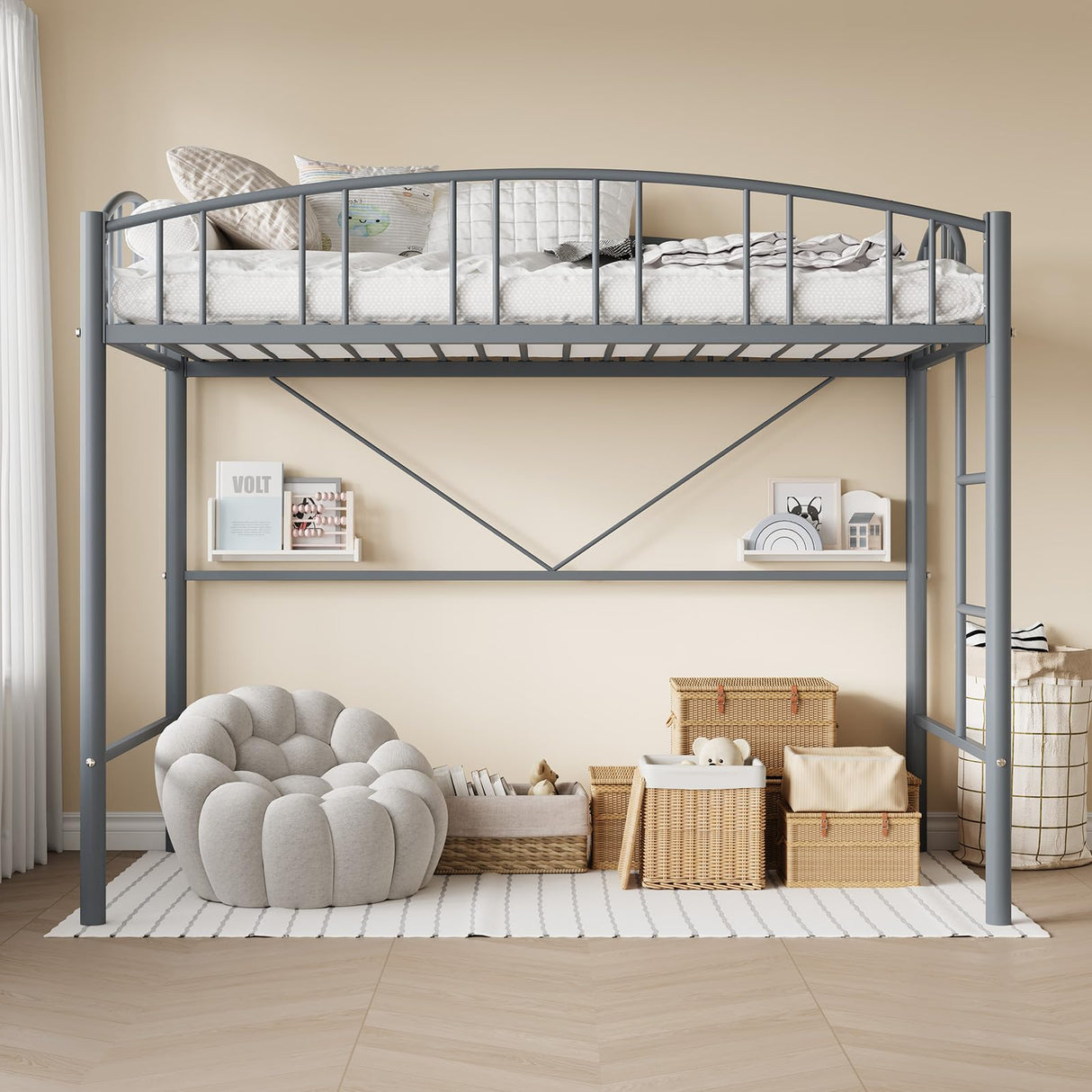 GarveeHome Loft Bed Twin Size, Heavy Duty Metal Loft Bed Frame with Arched Guardrail and Safety Ladder, Space-Saving, No Box Spring Needed, Matte Gray GarveeHome