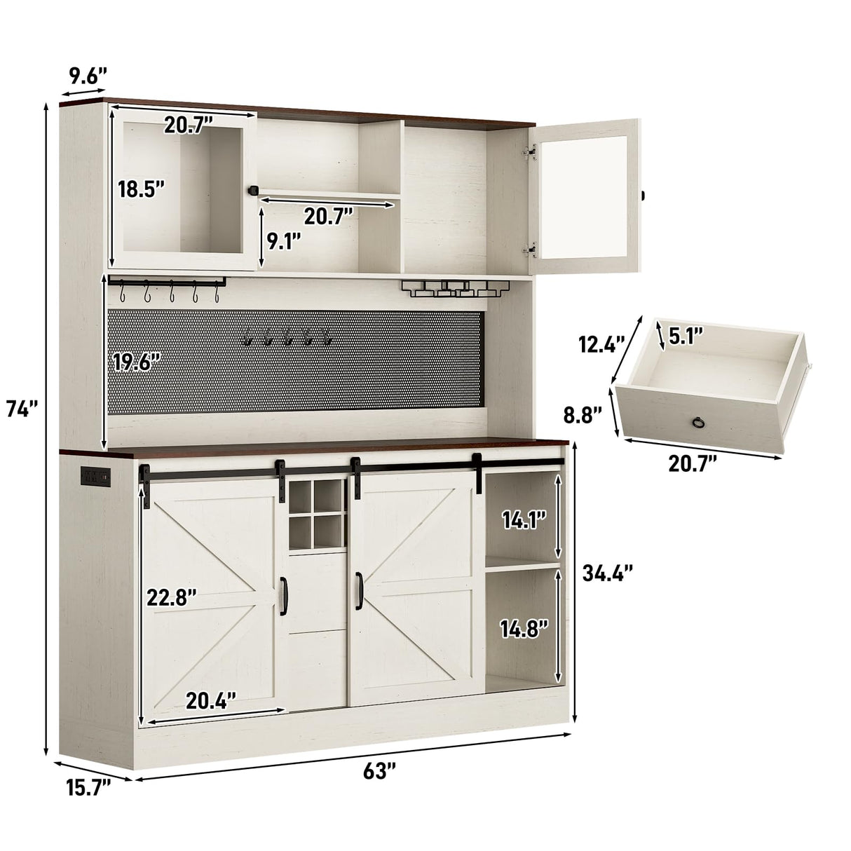 74" Tall 63" Wide Large Coffee Bar Cabinet w/ Outlet,6000-color LED Light,Pegboard,Farmhouse Hutch Cabinet w/Barn Door,2 Big Drawers,Adjustable Shelves,10 Wine & Glasses Rack,5 Hook for Kitchen,White chartustriable